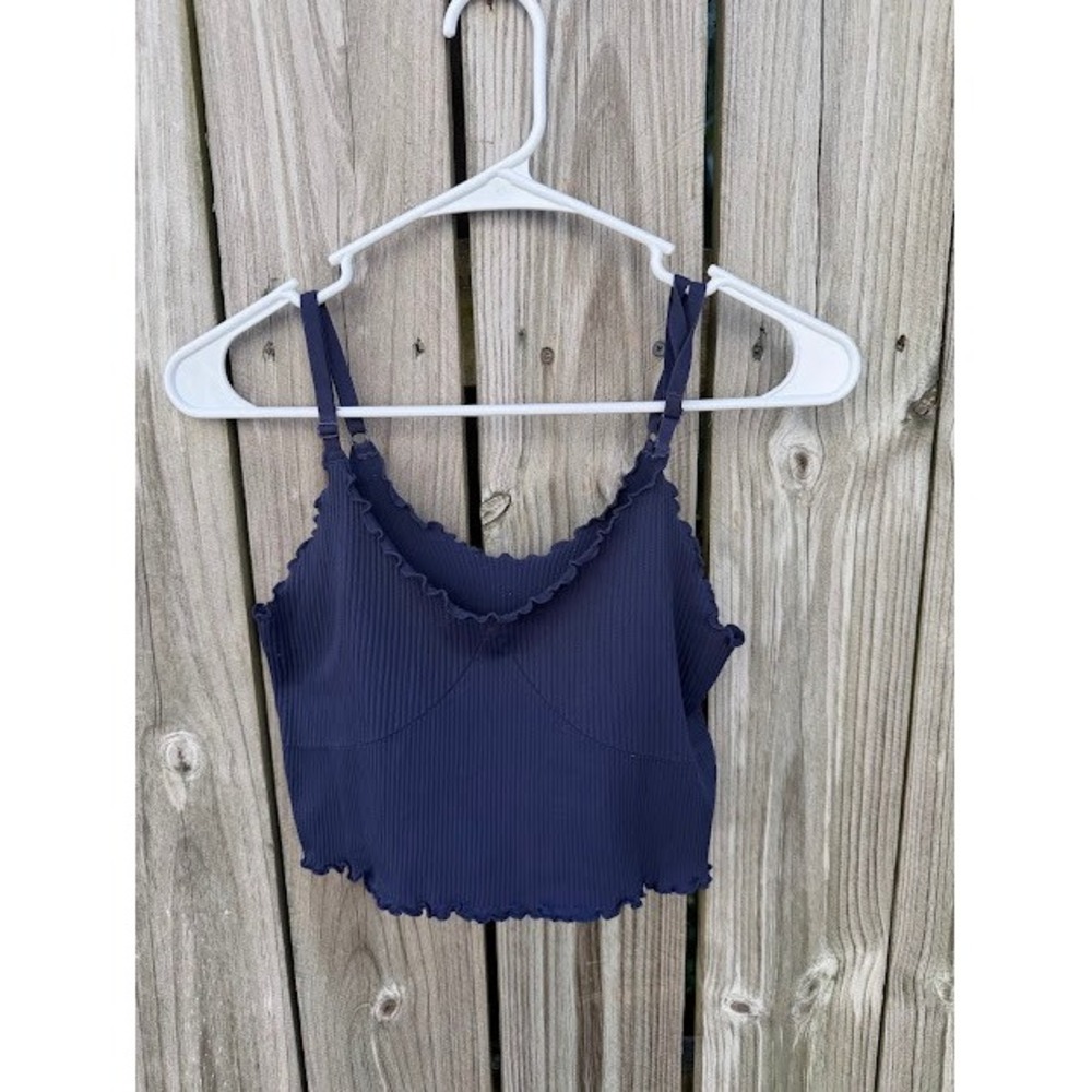 Coquette Aerie Cami Top Women L Navy Blue Real Good Ribbed Lettuce Edge Tank - Picture 2 of 4